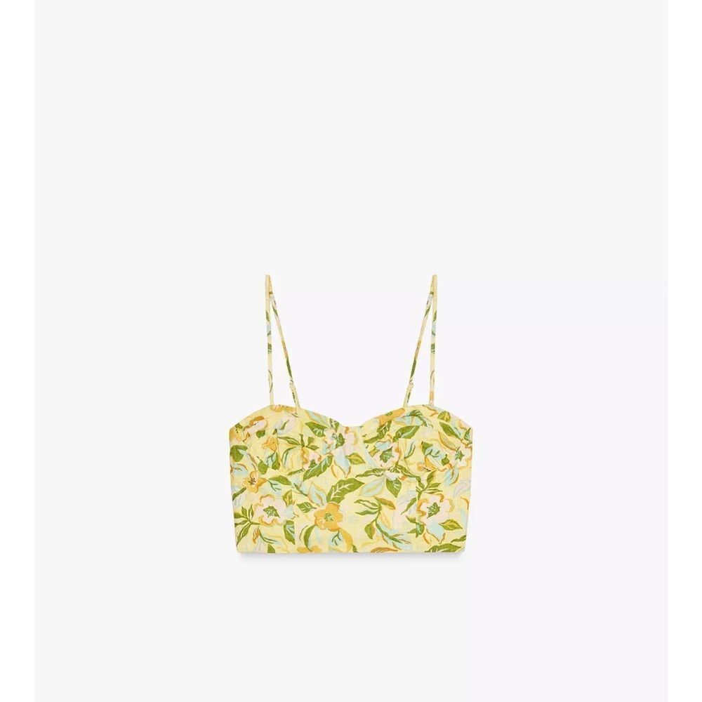 Zara Linen blend corset top with ruching Floral Yellow NWT XS - Picture 5 of 12
